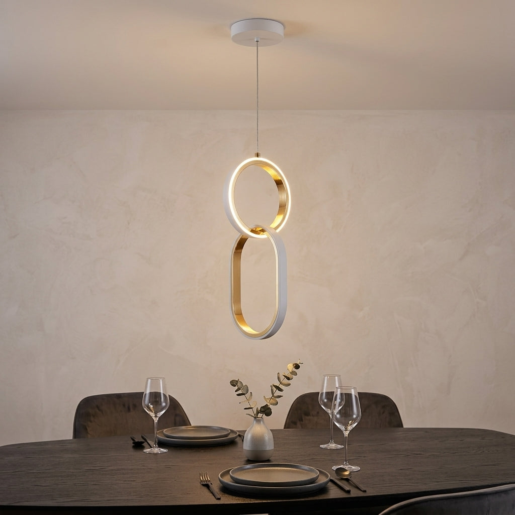Suspension LED Moderne à Deux Anneaux Ovales Blancs et Dorés