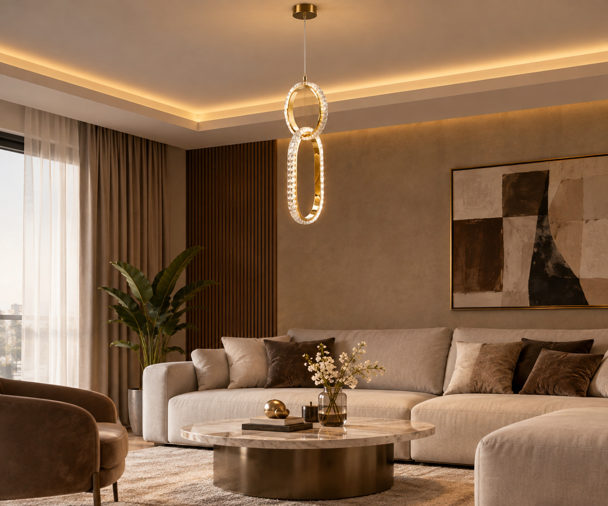 Suspension LED Moderne à Deux Anneaux Ovales Blancs et Dorés